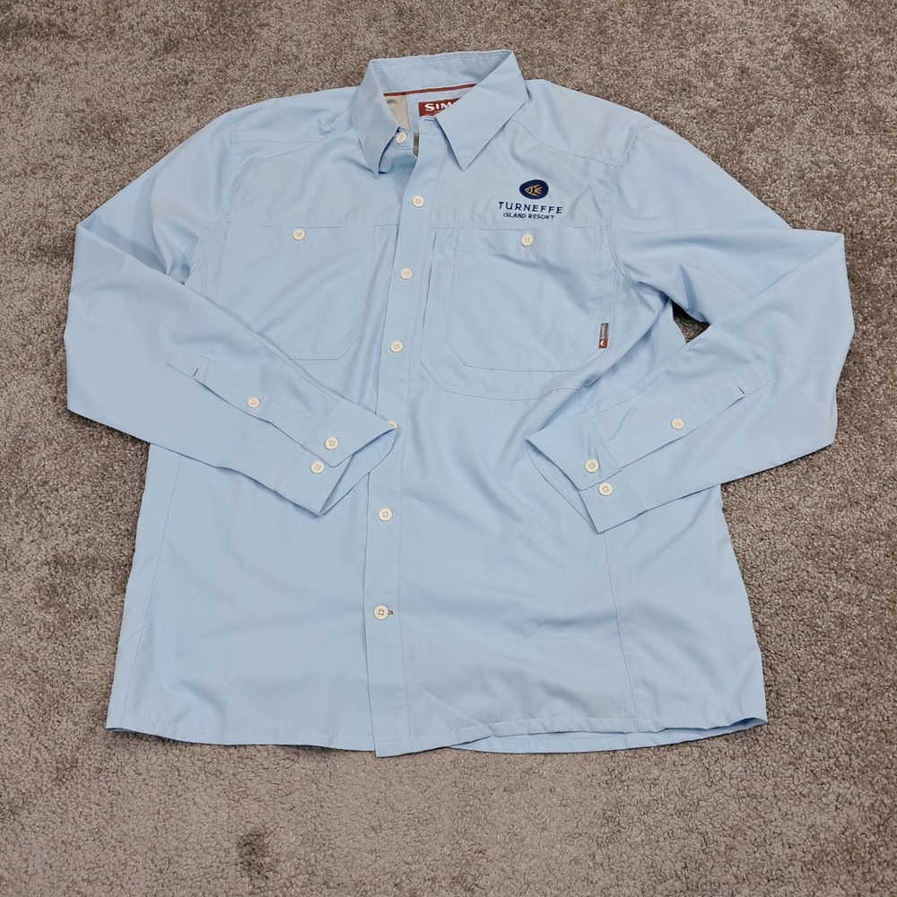 Simms Fishing Shirt Mens Medium Blue Long Sleeve Turneffe Island Resort